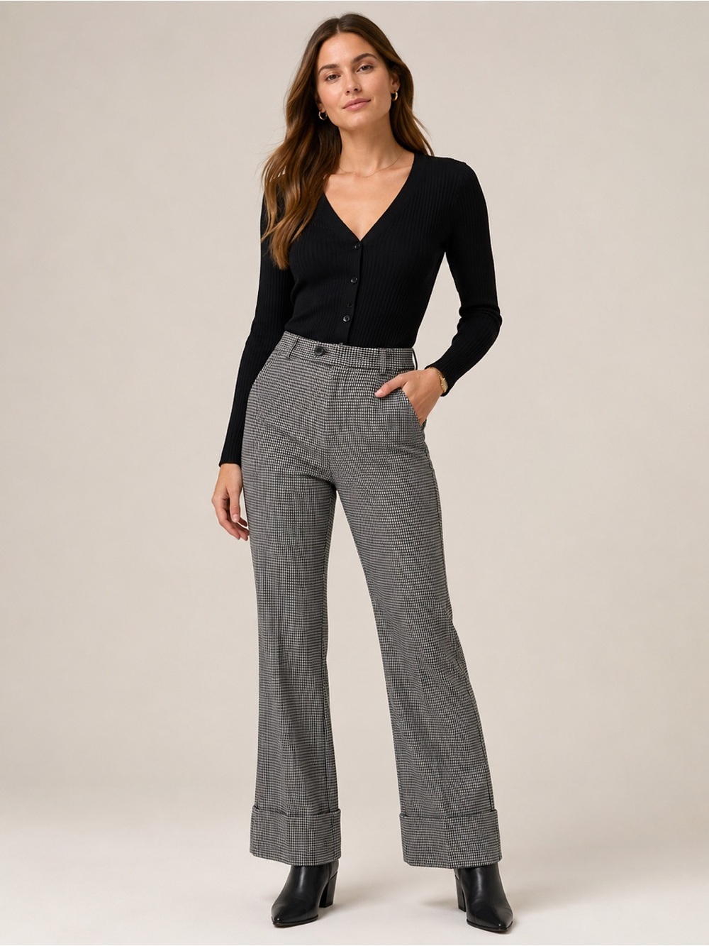 Maeve Anthropologie Wide Leg Pants Women’s Houndstooth Black White size 0